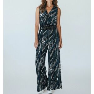 VTG Beige ECI Womans Jumpsuit 16W Blue Geometric Beaded Wide Leg Retro 90s 70s